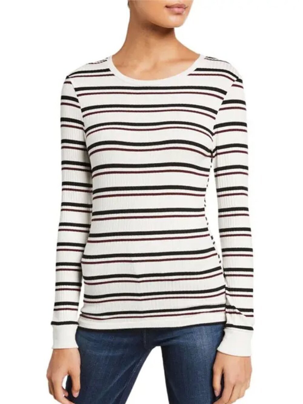 FRAME Striped Ribbed Long Sleeve Top in White Black Burgundy Size L